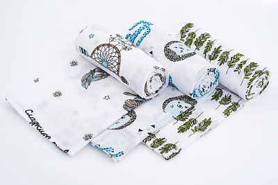 Пеленки детские из муслина, Ёжики, 3шт.